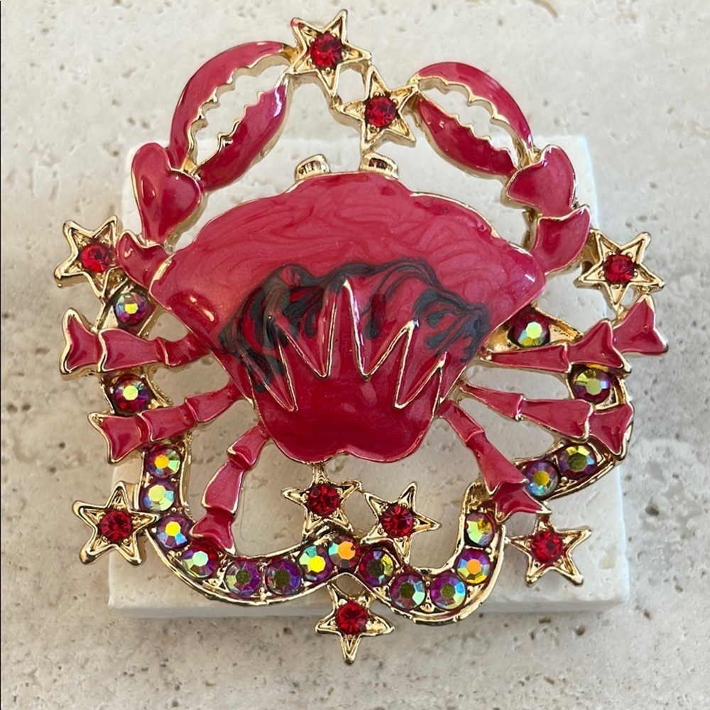 Red Gold Crab Zodiac Brooch Coastal Statement Pin